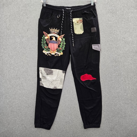 Reason Men Pants Large Black Jogger American Flag USA Eagle Drawstring NWT - Picture 1 of 13